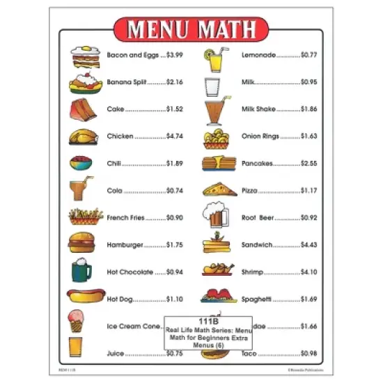 Remedia Publications Menu Math for Beginners, 6 Extra Price Lists image {1}