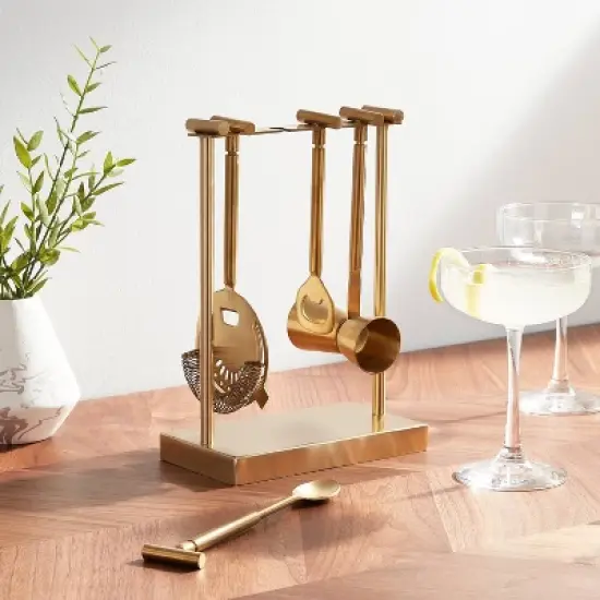 5pc Metal Bar Tool Set with Stand Gold - Threshold&trade;: Barware Set, Gold Bar Accessories, Nonslip Base image {1}