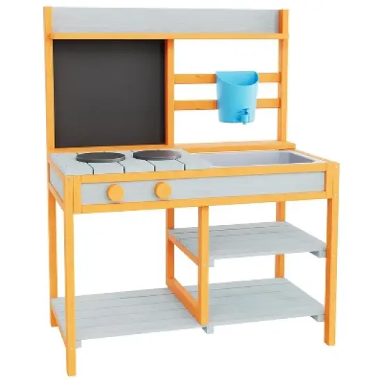 Mud Kitchen for Kids Wooden Pretend Play Kitchen Set with Planter Box, Removable Sink & Faucet, Chalkboard, Storage Shelves&pound;&brvbar;Pretend Stove Montessori image {6}