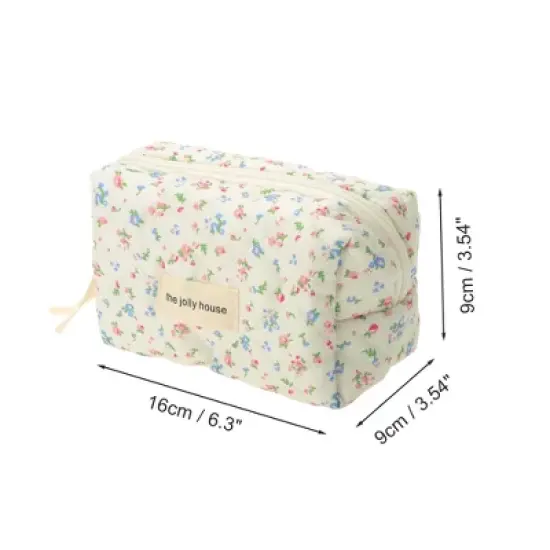 Unique Bargains Quilted Square Flowers Makeup Bag Red Green 1 Pc image {1}