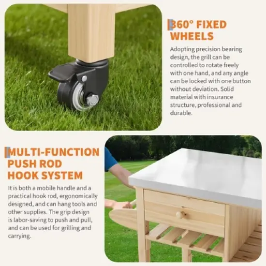 TROPOW Solid Wood Outdoor Grill Cart &uml;C Stainless Steel Top Kitchen Island with Lockable Wheels for Patio/Garden (Natural Wood Color) image {5}
