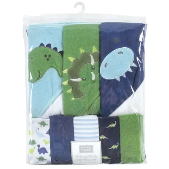 Hudson Baby Infant Boy Animal Hooded Towel 3pk and 15 Washcloths, Dinosaur, One Size image {1}
