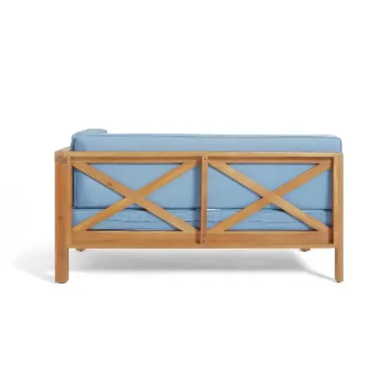 2pc Brava Outdoor Acacia Wood Right Arm Loveseat & Coffee Table with Cushion Teak/Blue - Christopher Knight Home image {8}