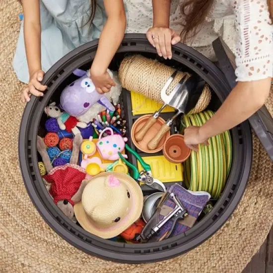 Keter Circa 3 in 1 Patio Deck Storage Box Container with Resin Wood Texture for Outdoor Table or Chair Pool Furniture Decor, 37 Gallon (Brown) image {3}