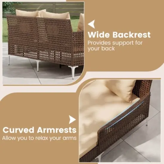 Costway Outdoor Patio Daybed PE Rattan Sunbed with Sponged-Filled Pillows and Cushions Brown/Navy image {6}