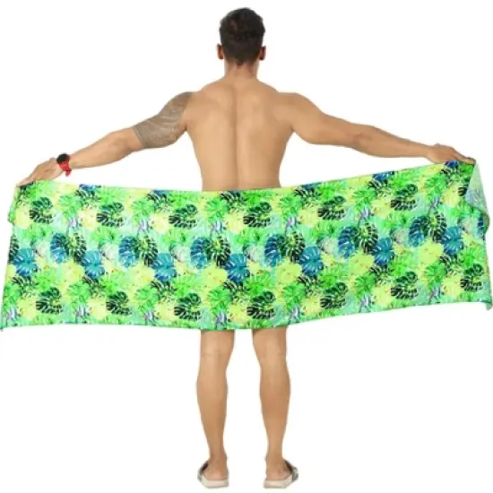 HAPPY BAY Men's Summer Short Vacation Sarong Beachwear Holidays Wrap Lava Lava Beach Cover Up Sarongs for Men One Size Green, Leaves image {1}