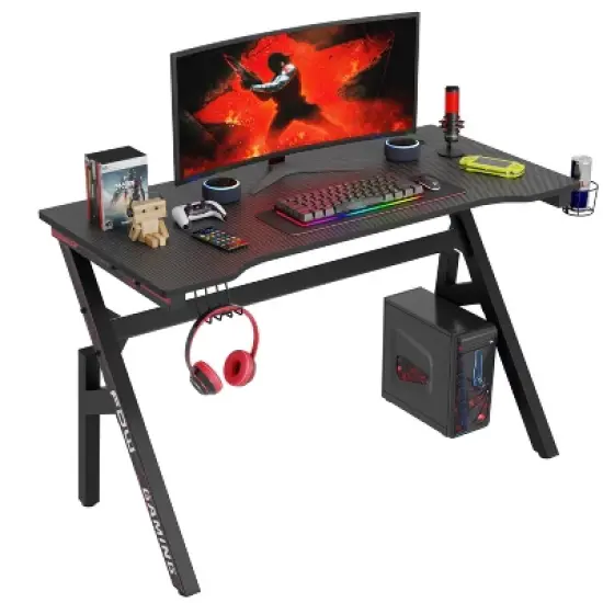 FDW 47 Inch Gaming Desk PC Carbon Fiber Table Ultimate Gamer Workstation with Cup Holder & Headphone Hook for Home Office image {8}