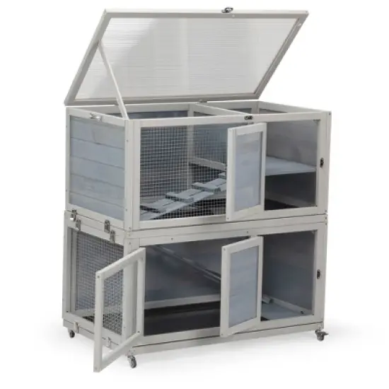 Sevobal Pet Carriers, Double Layer Rabbit Hutch with Wheels, Portable Fence for Yard Living Room, Gray, 35.43"*19.68"*36.61" image {5}