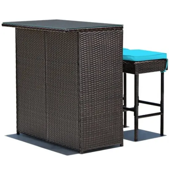 Costway 3PCS Patio Rattan Wicker Bar Table Stools Dining Set Cushioned Chairs Turquoise image {9}