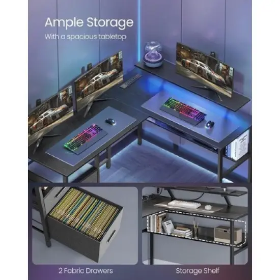 L-Shaped Desk with Power Outlets, Computer Desk with Monitor Stand, 2 Drawers, for Home Office image {6}