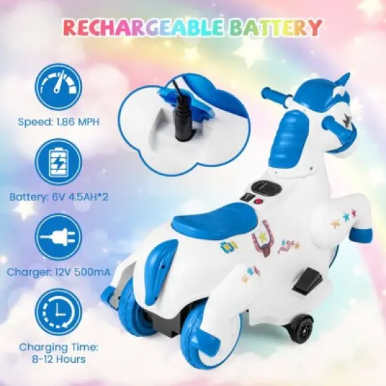 Costway 12V Kids Ride on Unicorn Toy w/ Training Wheels Music One-button Start Horse Toy image {5}