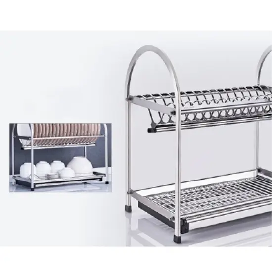 Oumilen 2-Tier Dish Rack With Draining Pan, Adjustable Length, Cutting Board Holder, Stainless Steel image {1}