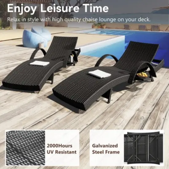 LOVSON 80'' Outdoor Wicker Chaise Lounge (Set of 2), Pull-Out Side Table, Adjustable Backrest, Pool Sun Lounger, Black image {5}