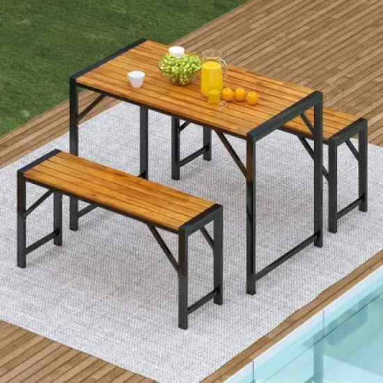 Tangkula 3 PCS Dining Set for 4 People Outdoor Picnic Table & 2 Benches w/ Metal Frame image {3}