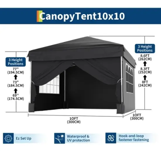 10X10 Instant Pop Up Canopy Tent with 4 Waterproof Sidewalls, Portable Outdoor Shelter for Camping, Beach, Parties image {2}