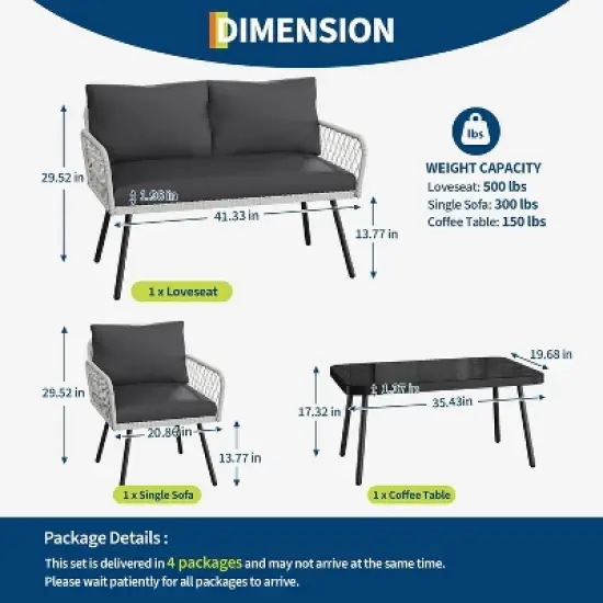 Acekool 3-Piece Patio Furniture Set with 2 PE Wicker Chairs & Loveseat, Glass Top Coffee Table, Outdoor Seating with Cushions for Balcony & Garden image {3}