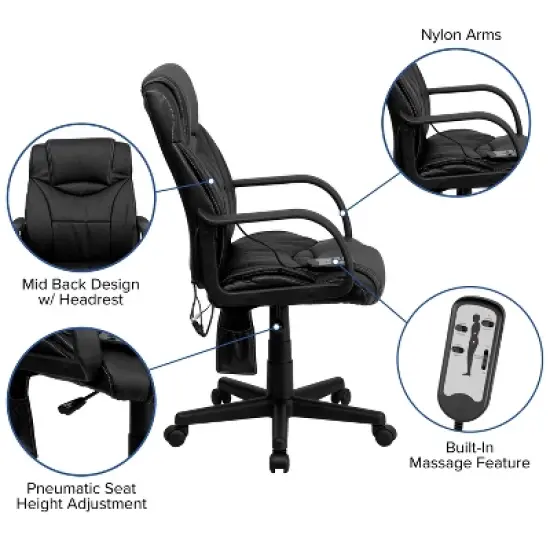 Emma and Oliver Mid-Back Ergonomic Massaging Black LeatherSoft Executive Swivel Office Arm Chair image {2}