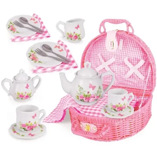 Jewelkeeper Porcelain Tea Set with Picnic Basket - Pink - 18 Pieces image {1}