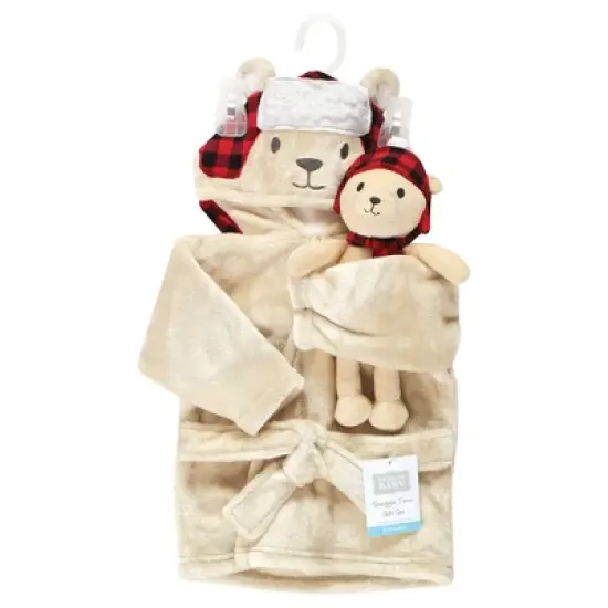 Hudson Baby Plush Bathrobe and Toy Set, Plaid Bear, One Size image {1}