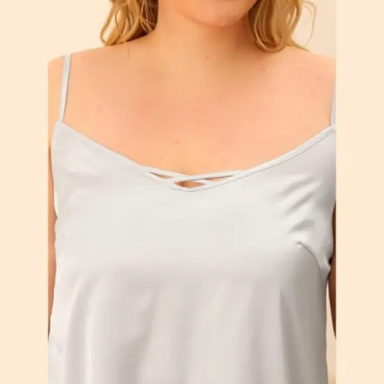Agnes Orinda Women's Plus Size Satin Cross Camisole Ruffle Trim Elastic Waist Shorts Sleepwear Pajamas Set image {4}