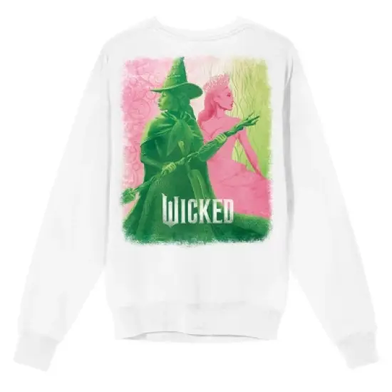 Wicked Part One Elphaba & Glinda Green & Pink Graphic Women's White Crew Neck Long Sleeve Sweatshirt image {4}