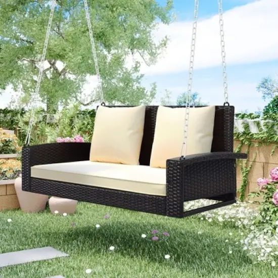 FIONECA 2-Person Wicker Hanging Porch Swing with Cushion & Pillow, Outdoor Rattan Swing Bench with Chains for Garden, Backyard, Pond (Brown/Beige) image {1}