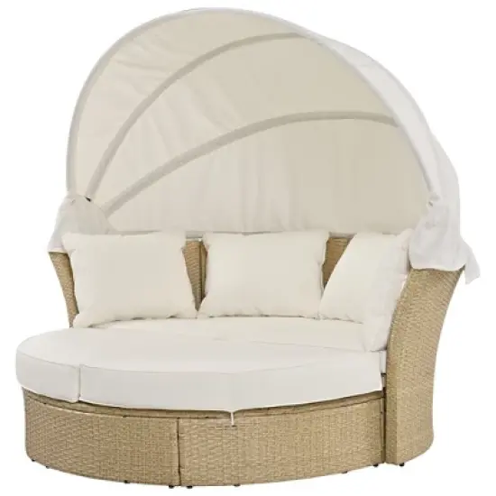 57" Outdoor Patio PE Rattan Round Daybed Sunbed with Retractable Canopy and 4 Pillows image {11}