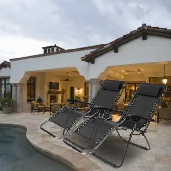 KTMBDW Set of 2 Adjustable Steel Mesh Zero Gravity Lounge Chair Recliners w/Pillows and Cup Holder Trays for Deck, Patio, Beach, Yard image {12}