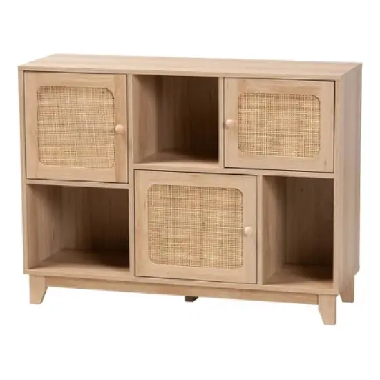 Elsbeth Wood and Natural Rattan 3 Door Sideboard Light Brown/Natural Brown - Baxton Studio image {1}