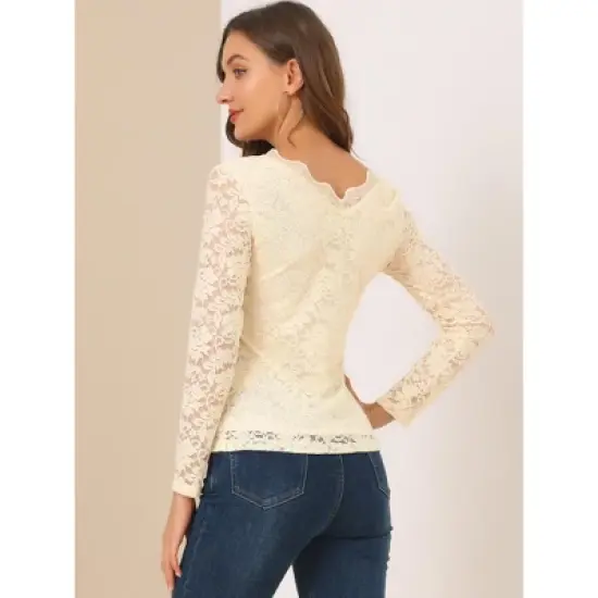 Allegra K Women's Floral Embroidery Sheer Long Sleeves Lace Blouse image {4}