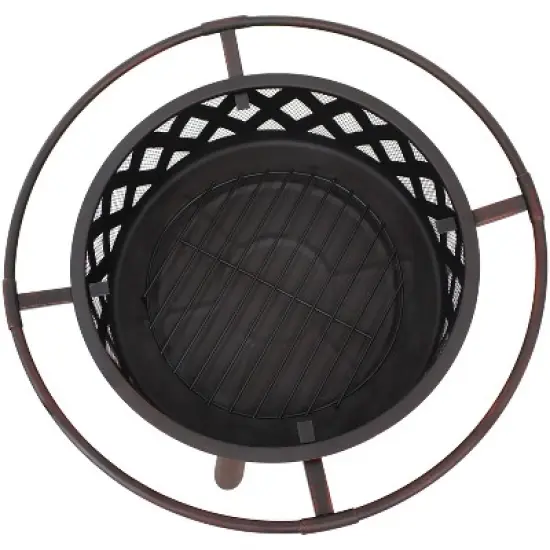 Sunnydaze Outdoor Camping or Backyard Crossweave Cut Out Fire Pit with Spark Screen, Log Poker, and Metal Wood Grate - Bronze image {6}