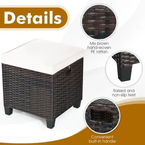 Costway 2PCS Patio Rattan Ottoman Cushioned Seat Beige image {3}