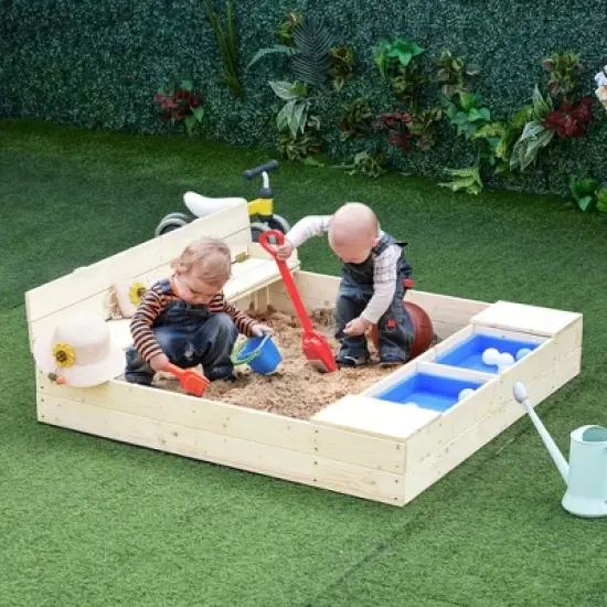Outsunny Kids Wooden Sandbox w/ Two Plastic Boxes Foldable Bench Seat Waterproof Cover Bottom Liner Storage Space image {1}