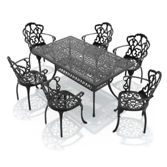 7-Piece Cast Aluminum Patio Set Beige Cushions - Ergonomic, All-Weather, Umbrella Hole image {2}