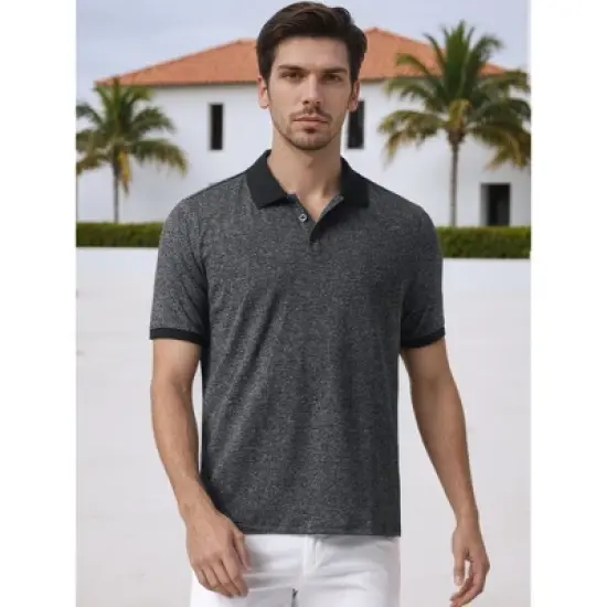 INSPIRE CHIC Men's Stretch Athletic Workout Short Sleeved Golf Heathered Polo Shirt image {1}