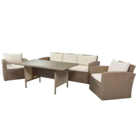 4pc Outdoor Wicker Conversation Set with Cushions - Beige - GODEER image {4}