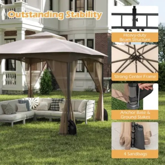 Costway 10 X 10/12 FT Patio Gazebo with Netting Walls 4 Sandbags Zippered Doors Outdoor Gray/Beige image {1}