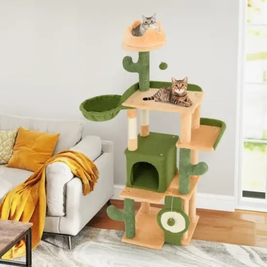 Tangkula 63" Cactus Cat Tree for Indoor Cats w/ Sisal Scratching Posts & Board Condo image {2}