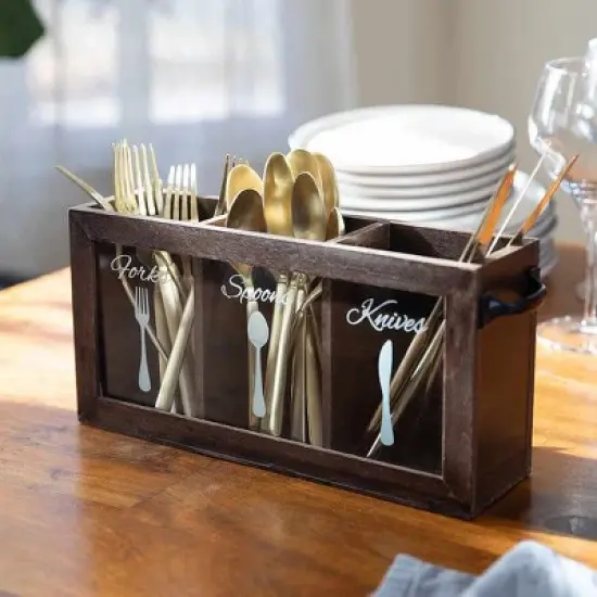 Blu Monaco Wooden Flatware, Cutlery,Kitchen Utensil & Silverware Caddy Organizer Bin Holder for Forks, Spoons, Knives - Perfect for Kitchen Countertop image {2}