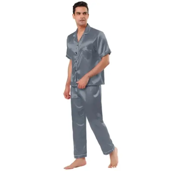 Lars Amadeus Men's Classic Satin Pajama Sets Short Sleeves Button Down Nightwear Sleepwears Loungewear Pjs image {14}