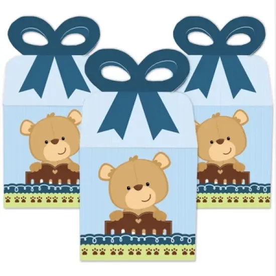 Big Dot of Happiness Baby Boy Teddy Bear - Square Favor Gift Boxes - Baby Shower Bow Boxes - Set of 12 image {1}