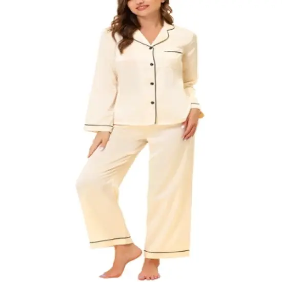 cheibear Womens Pajama Lounge Sleepwear Button Down Tops and Pants Satin Pjs Set image {1}