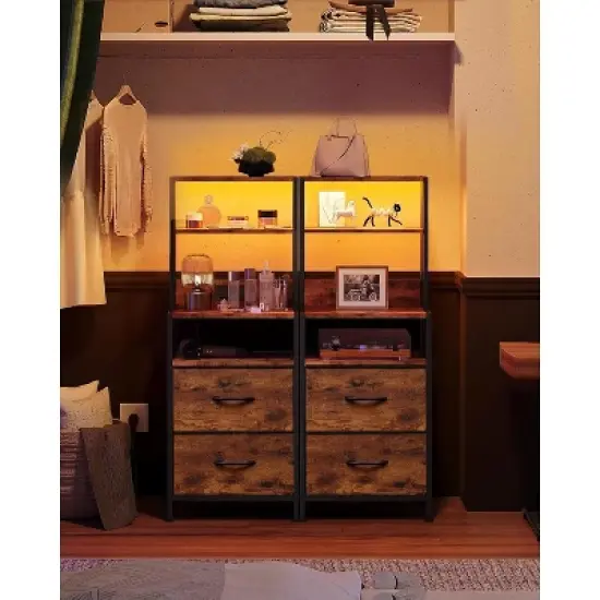 GALAXHERO Nightstand Set of 2 with Charging Station, LED Bedside Table with 2 Drawers Fabric Storage Dresser Modern Night Stand with Bluetooth Lights image {5}