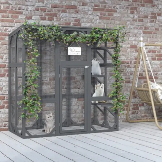 DSVIMOY Outdoor Cat House, Large Feral Cat Shelter for Mulitiple Cats with Six Platforms, Large Enter Door, Waterproof Roof, Grey, 59"*28"*59" image {1}