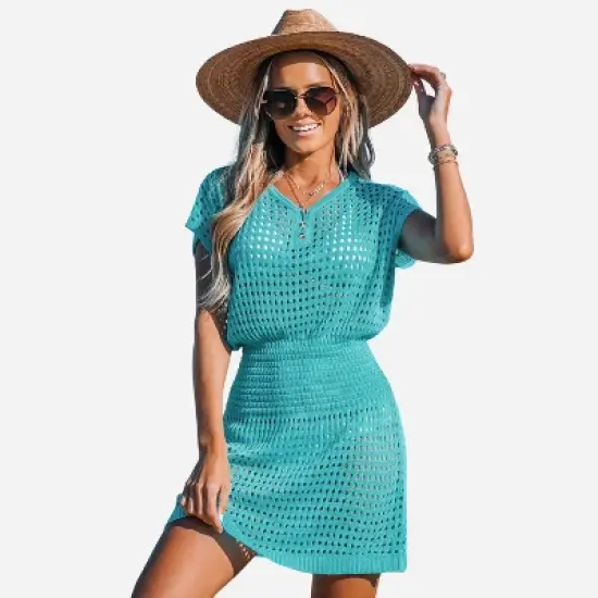 Women's Crochet Knit Cutout V-Neck Cover-Up Mini Dress - Cupshe image {7}