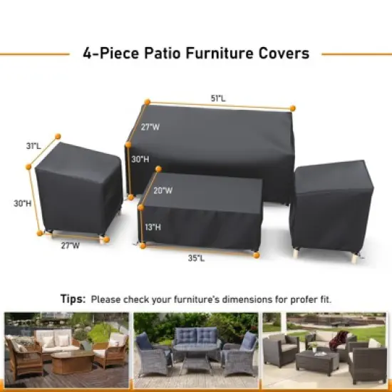 Akefit Gray Outdoor Furniture Cover Set 4-Piece Waterproof Patio Chair Loveseat Table Ottoman Protector image {1}