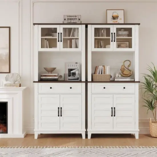 Kitchen Pantry, 72" Farmhouse Coffee Bar Table with Storage Drawers & Glass Doors image {3}