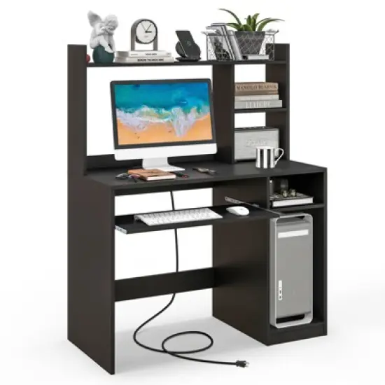 Tangkula Computer Desk w/ Charging Station 43.5&rdquo; Gaming Table Workstation w/ Keyboard Tray CPU Stand & Storage Shelves White/Black image {11}
