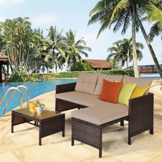 Costway 3PC Patio Sofa Set Outdoor Sectional Conversation Set Rattan Wicker image {3}