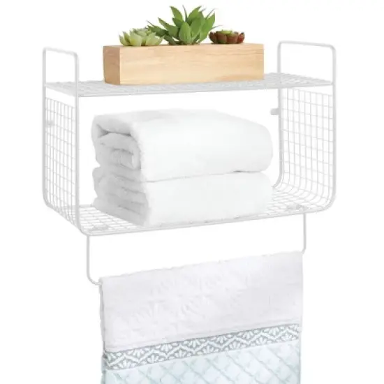 mDesign 2 Tier Storage Organizer Bath Shelf with Towel Bar, Wall Mount image {10}